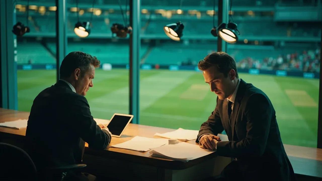 Two cricket writers discussing team selection at a stadium media desk