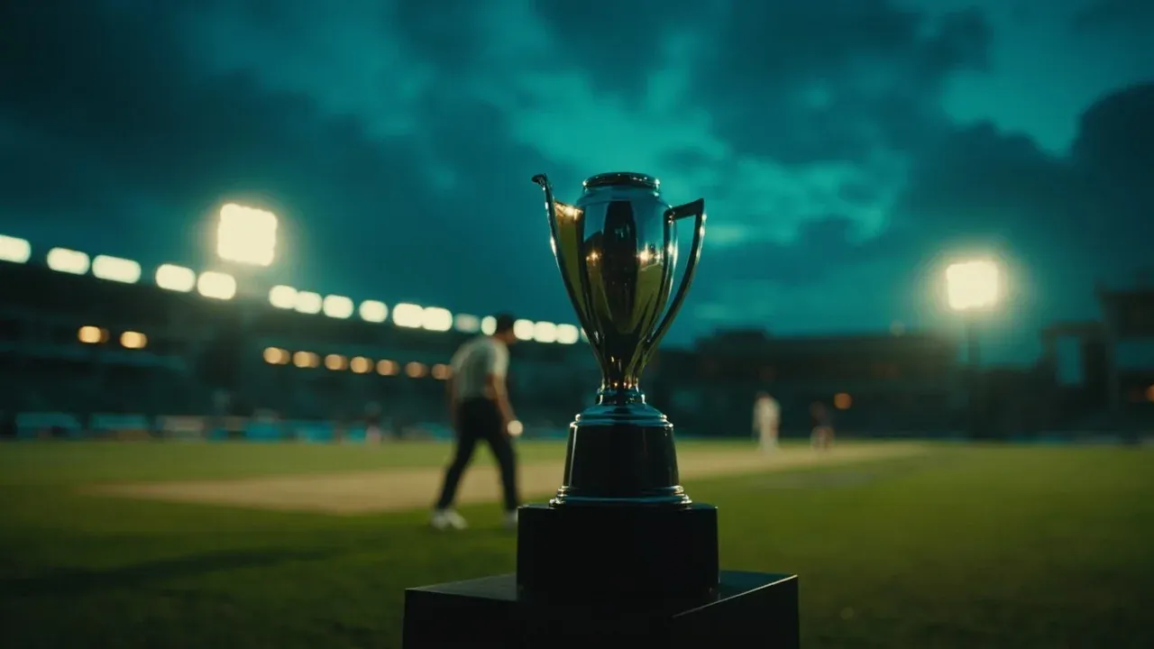 Generic cricket trophy silhouette on a presentation plinth beside the boundary