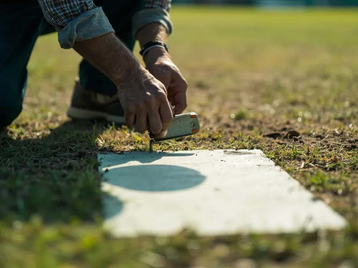An experienced groundsman marking a cricket crease before play with measuring tools