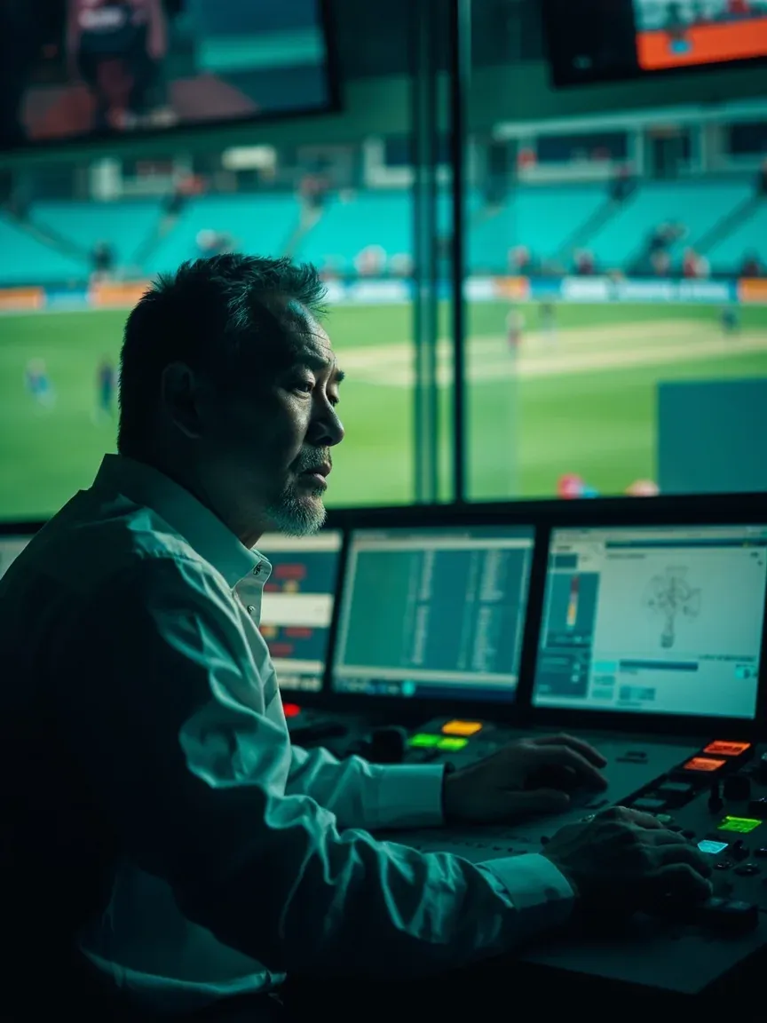 Scoreboard operator updating live match data in a stadium control room