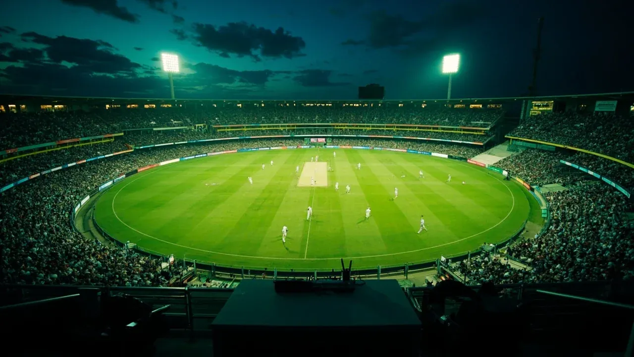 Wide broadcast view of an IPL night match from the commentary desk