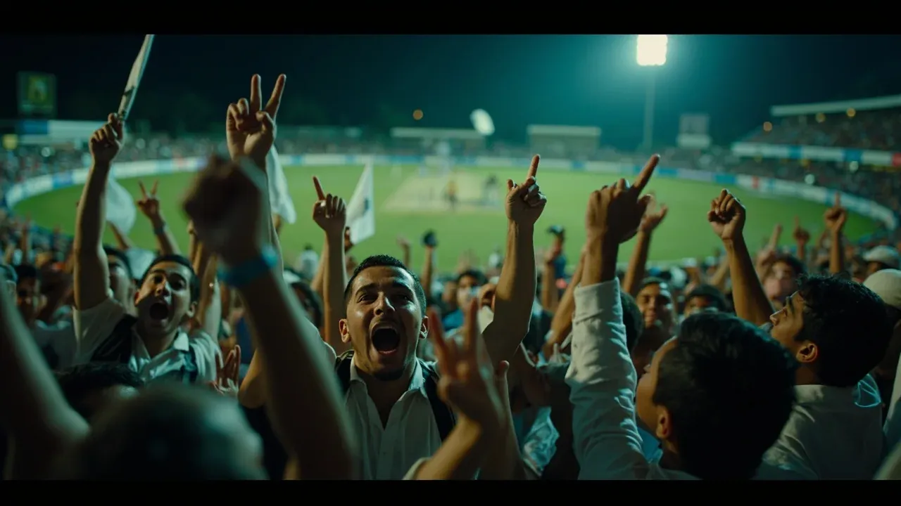Crowd reacting to a boundary in the stands during a night IPL match