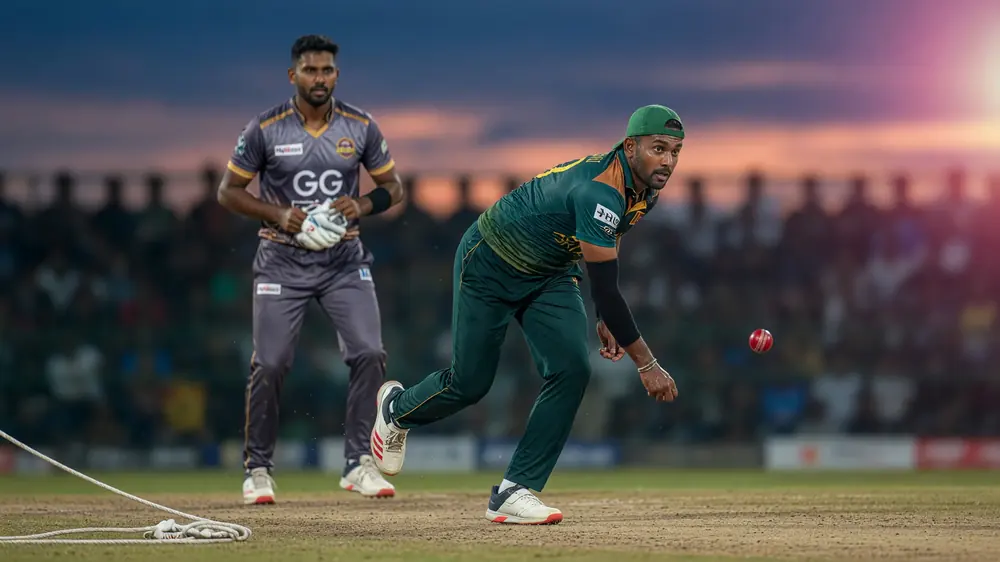 Bowler in green kit releasing a red ball at dusk while a fielder in grey watches from behind the crease