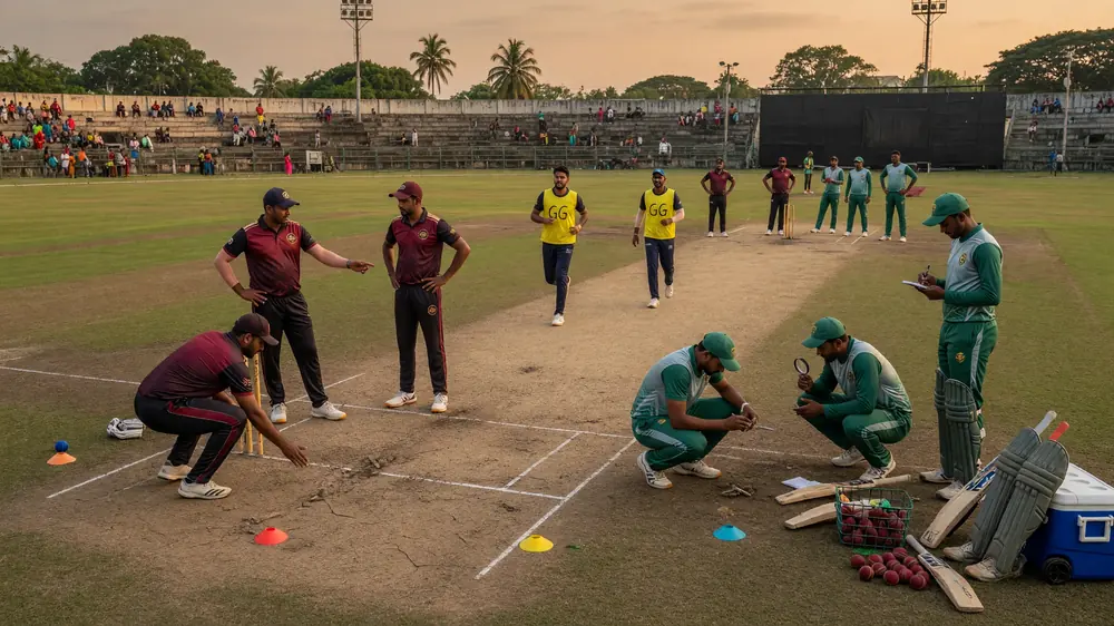 Players in maroon and green kits gather near the pitch with a training cone and kit bag during a field session