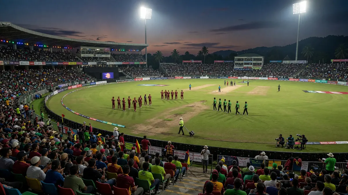 Floodlit cricket stadium at dusk with players on the field and packed stands during a T20 match