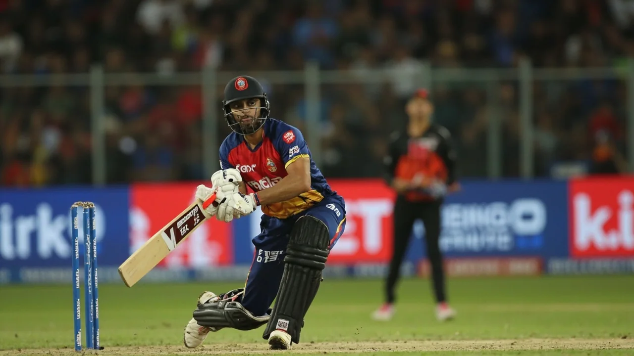 A batter in coloured kit plays a high-elbow drive through the off side during an evening T20 fixture, with the fielder visible in the background