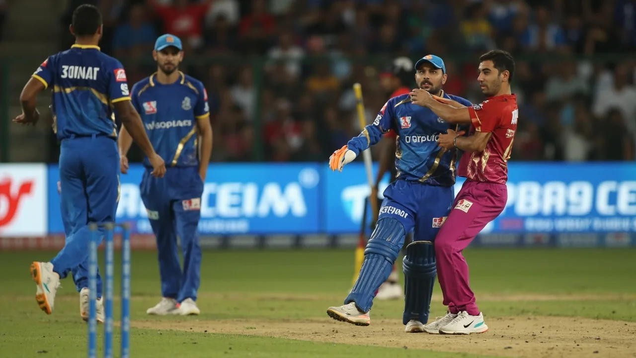 A captain and a fielder confer mid-pitch during a tactical pause, with the batting team's dugout visible in the background at the Wankhede end