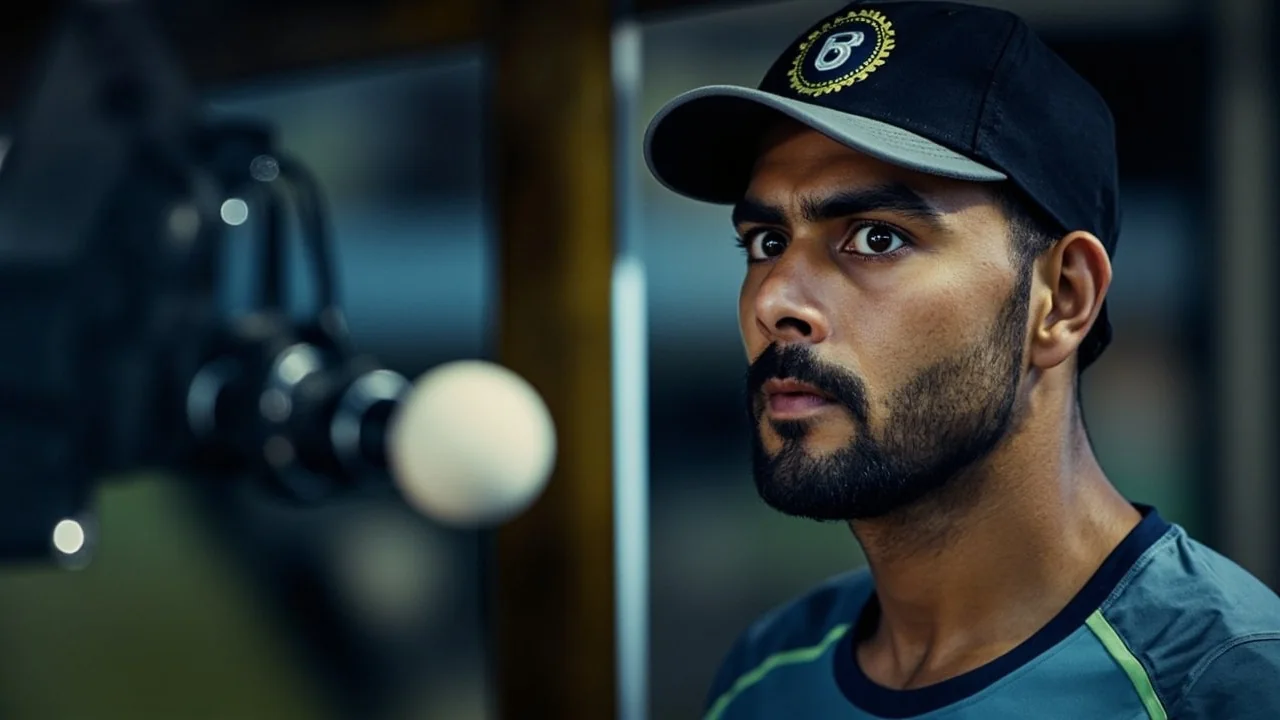 Medium context frame of a senior India batter discussing shot selection with a teenage teammate between overs at a floodlit international venue