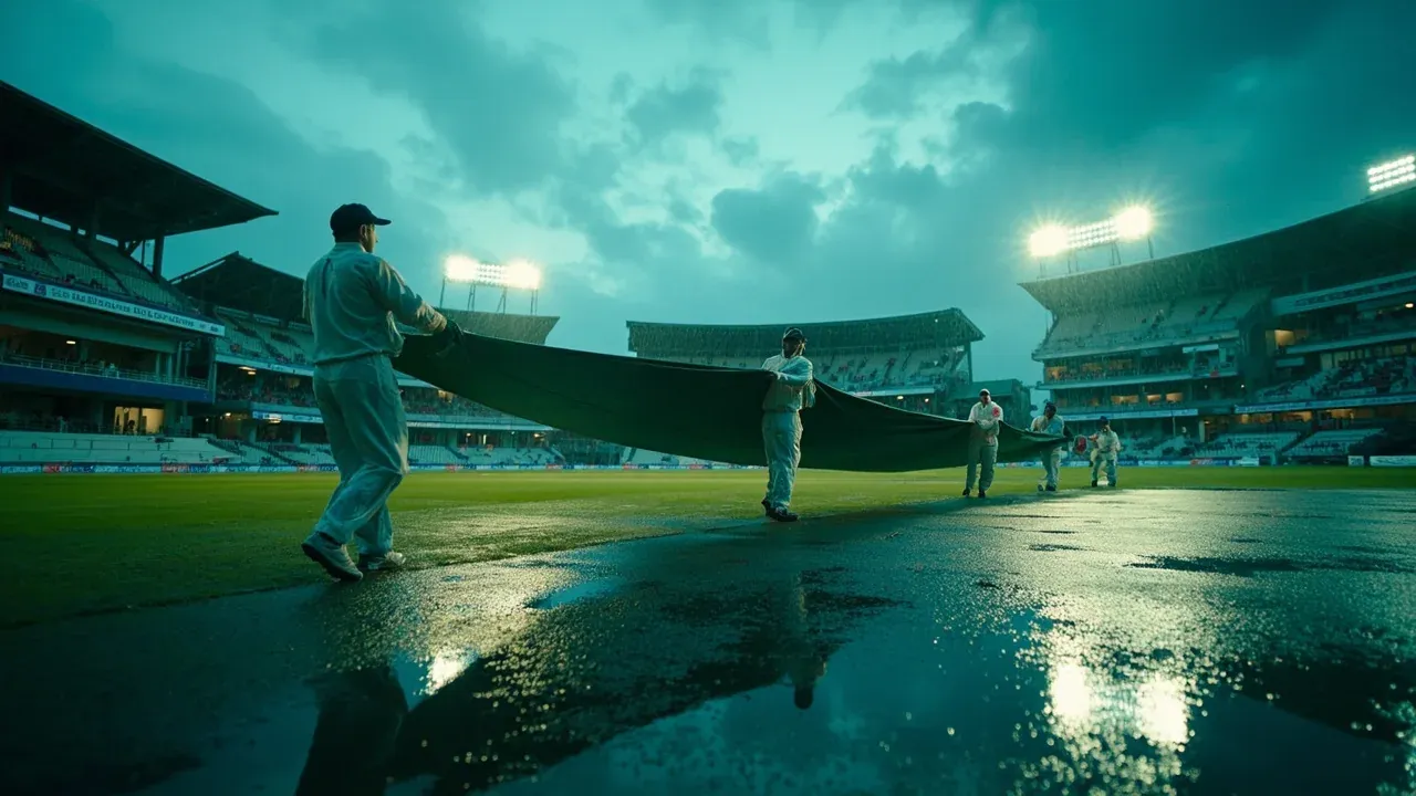 Ground staff pulling rain covers across the pitch during a light evening shower