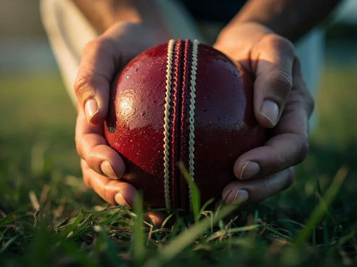 Fielder inspecting a damp cricket ball under evening dew on the outfield