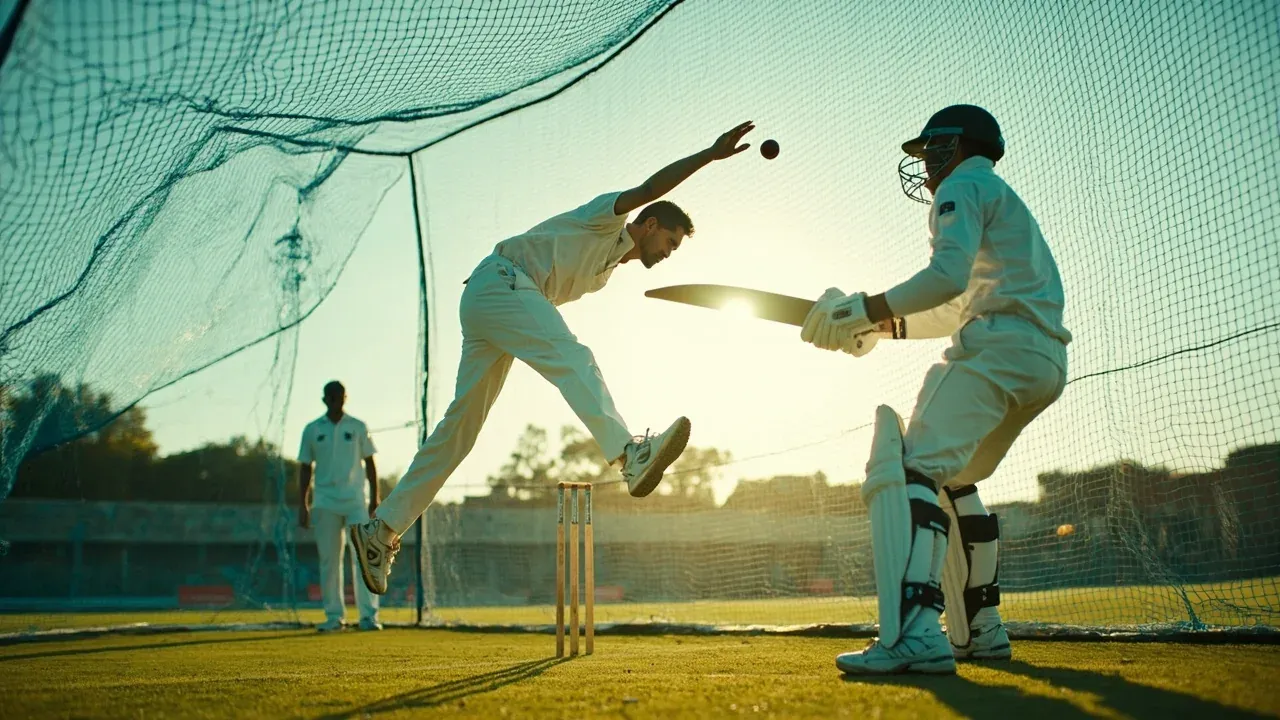 Spin bowler and batter in a net session during late-afternoon practice