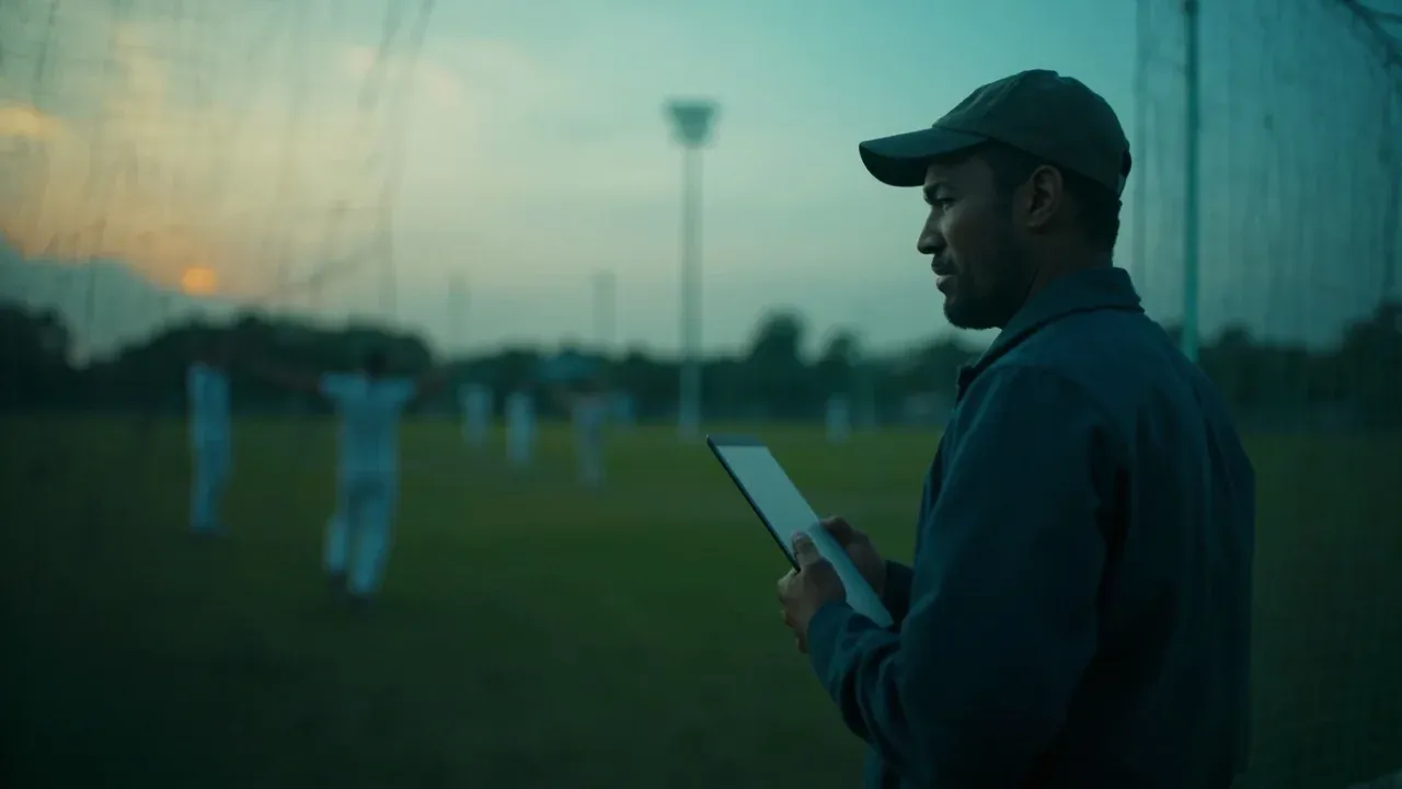 Analyst studying player movement on an outdoor practice ground at dusk