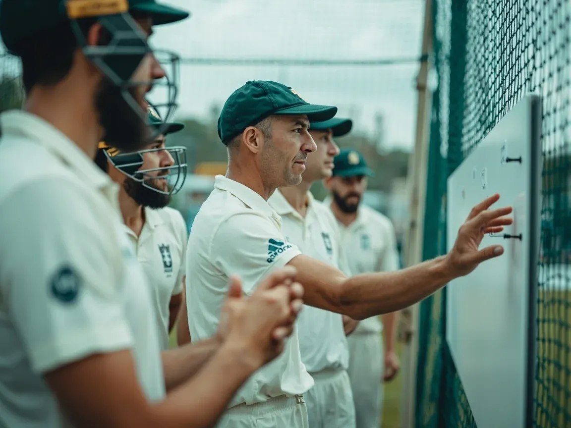 Coach briefing players beside the practice nets with a plain marker board