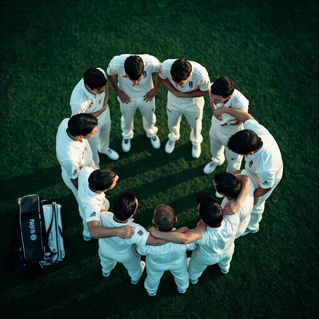Overhead view of an unbranded franchise team in a pre-match huddle on the grass